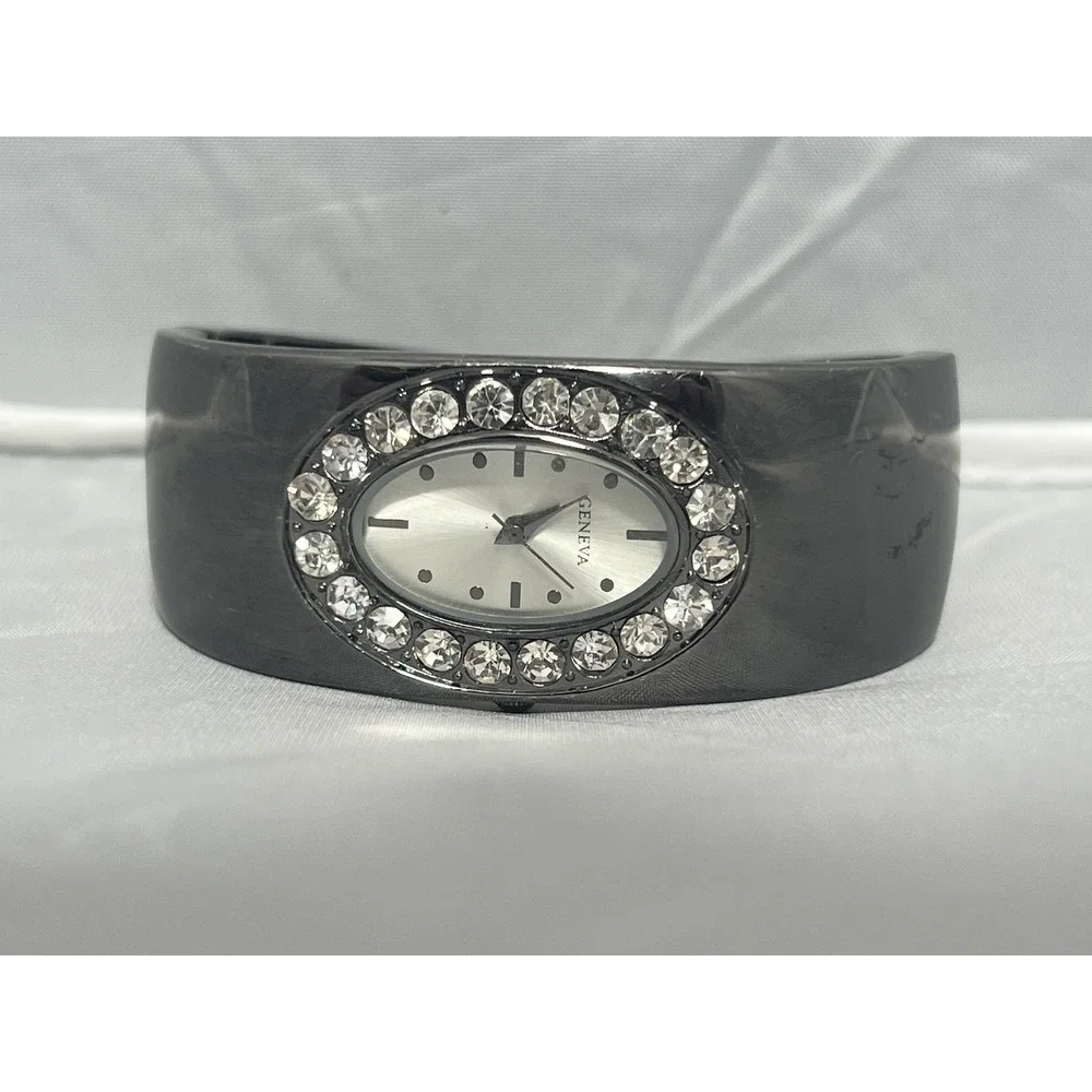 Geneva Women's Gunmetal Bangle Cuff Watch‎ Oval Rhinestone Bezel Quartz Untested
